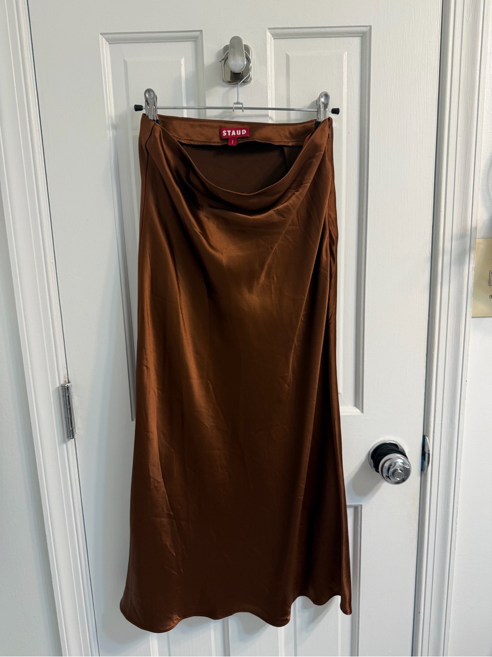STAUD Chocolate Brown Satin Midi Slip Skirt